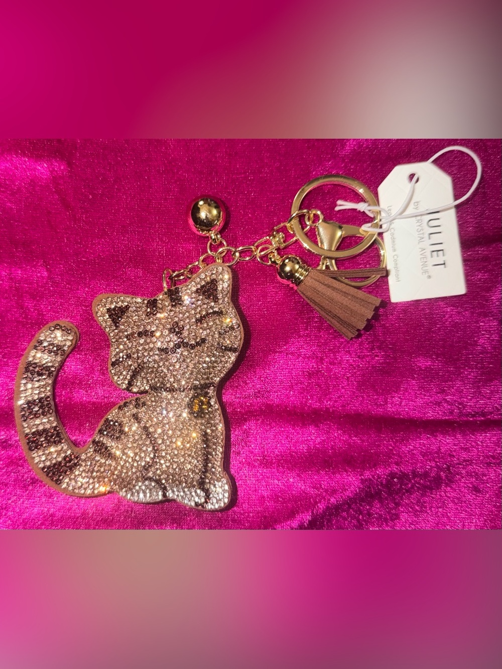 Juliet Crystal Cat Keychain Charm with Brown Tassel - Gold Accents